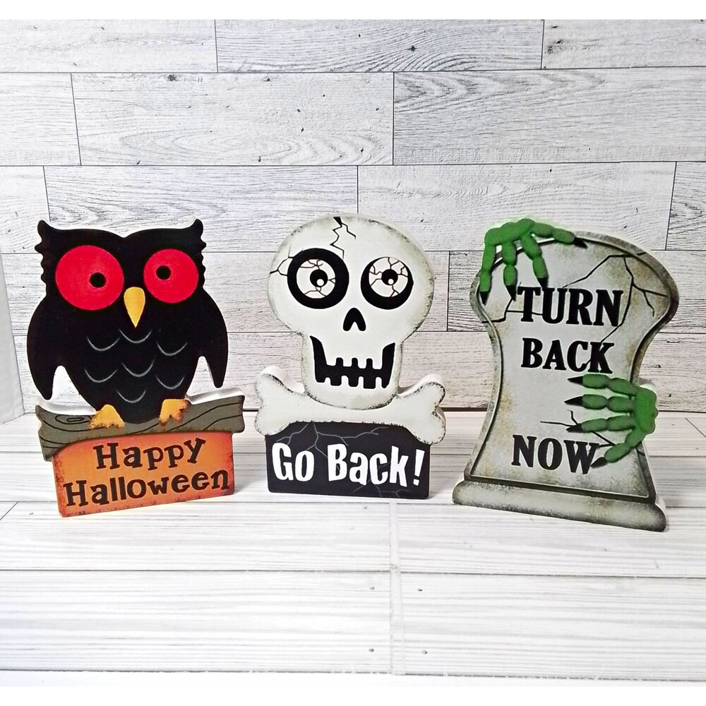 Tabletop Free Standing Wood Halloween Sign Lot 3 Owl Skull Tombstone Multicolor